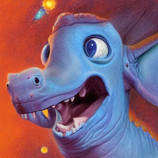 Prompt: happy and cute face of baby triceratops made by nebula space, face only, big smile, pencil drawing, pastel, smooth, by marc simonetti