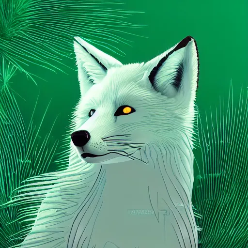 Image similar to digital green and white fox, retrowave palette, digital world, highly detailed, electric breeze, anatomically correct vulpine, synth feel, fluffy face, ear floof, flowing fur, super realism, accurate animal imagery, 4 k digital art