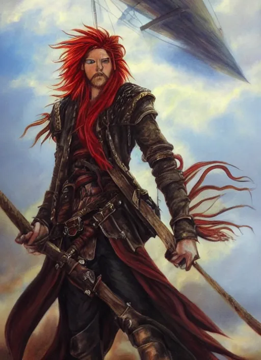 Image similar to epic fantasy portrait painting of a long haired, red headed male sky - pirate in front of an airship in the style of the death note