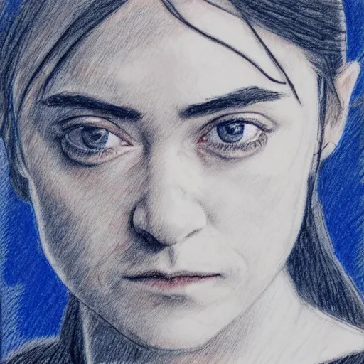 Prompt: loosely crosshatch sketch of venus arya stark drawn with red and blue ballpoint on white paper