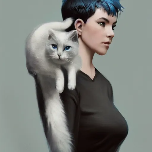 Image similar to A beautiful woman with short blue hair holding a grey and white cat, full body by Cedric Peyravernay, highly detailed, excellent composition, dramatic lighting, trending on ArtStation