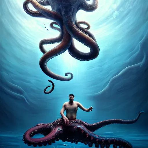 Image similar to a dream fantasy painting of a a swimming man trapped by a giant octopus in the deep of the ocean, by beksinki, giger, greg rutkowski, carne griffith trending on artstation, deviantart, photorealism