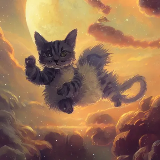 Image similar to cartoonish kitten wearing a wizard cat and a fake beard floating in space, bright stars, anime, a fantasy digital painting by Greg Rutkowski and James Gurney, trending on Artstation, highly detailed