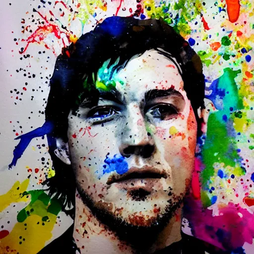 Prompt: Splatter watercolor portrait of Ryan O'Connell