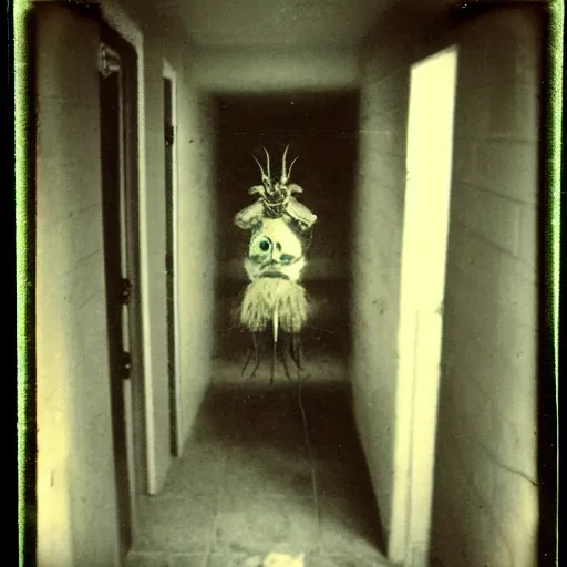 Prompt: a terrifying insect monster at the end of a hallway, dark!, creepy, nightmare fuel!!!, unsettling, uncanny valley!, old polaroid, expired film,