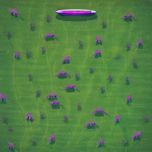 Image similar to cows being abducted by ufo in summer night from pasture. aerial view with blank billboard, minimalism, precisionist in style of patrick nagel, purple and green gamma with pink contrast