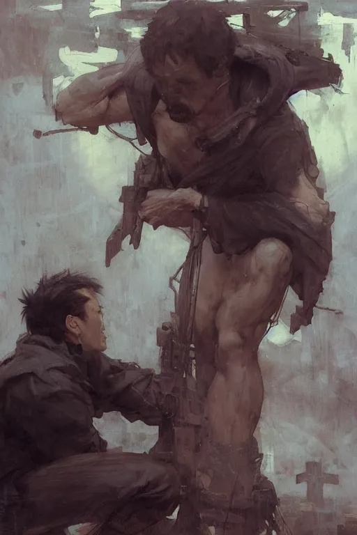 Image similar to man kneeling at the foot of a wooden cross, dramatic lighting art by Yoji Shinkawa by Richard Schmid by greg rutkowski by Sandra Chevrier by Jeremy Lipking cinematic dramatic, by frank miller, illustration by Ruan Jia and Mandy Jurgens and William-Adolphe Bouguereau, Artgerm, 4k, digital art, surreal, space dandy style, highly detailed, godsend, artstation, digital painting, concept art, smooth, sharp focus, illustration by Ruan Jia and Mandy Jurgens and William-Adolphe Bouguereau, Artgerm