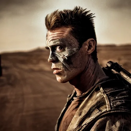 Image similar to very beautiful male, post-apocalyptic, mad max style, Total Recall style, symmetric, by David Lazar and Annie Leibovitz 500px photos, top cinematic lighting , cinematic mood, very detailed, shot in canon 50mm f/1.2