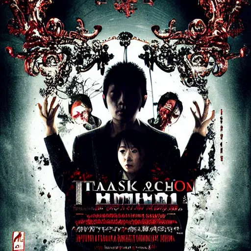 Image similar to ultra - photorealistic, new horror movie poster from takeshi miike, intricate details, sharp focus, perfect baroque like real project, symmetrical, perfect face and anatomy ultra - details, 4 k, uhd.