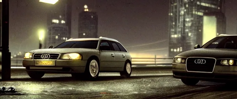 Image similar to Audi A4 B6 Avant (2002) chased by FBI, a gritty neo-noir, dramatic lighting, cinematic, establishing shot, extremely high detail, photorealistic, cinematic lighting, artstation, by simon stalenhag, Max Payne (PC) (2001) winter new york at night, eldritch horror