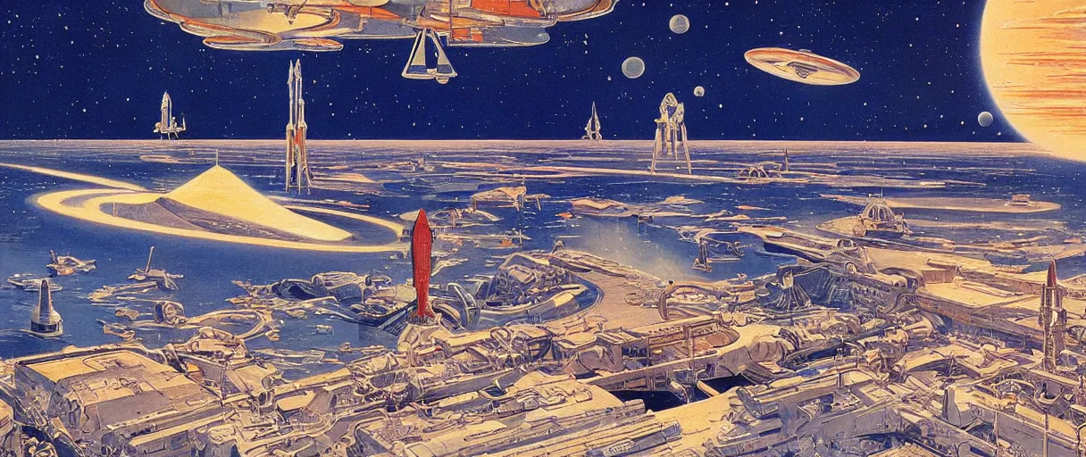 Prompt: a beautiful and detailed illustration of a spaceport in a bay by Robert McCall, cinematic atmosphere, establishing shot