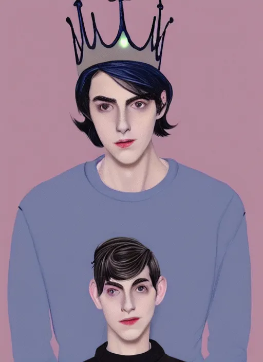 Image similar to portrait of teenage jughead jones wearing a light grey crown, crown, blue turtleneck, 1 9 5 0 s, closed eyes, photorealistic, black hair, glowing lighting, intricate, elegant, glowing lights, highly detailed, digital painting, artstation, concept art, smooth, sharp focus, illustration, art by wlop, mars ravelo and greg rutkowski