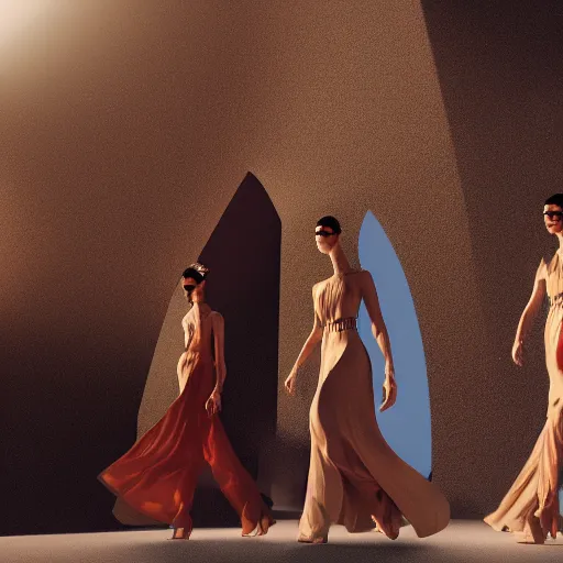 Prompt: fashion catwalk rendering in sahara, octane render, redshift, 8 k, cinematic lighting, movie still