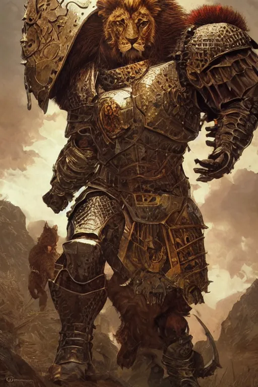 Image similar to ultra realistic illustration,, a hulking knight with a lion cowl, bristling with weapons from doom and warhammer, intricate, elegant, highly detailed, digital painting, artstation, concept art, smooth, sharp focus, illustration, art by artgerm and greg rutkowski and alphonse mucha