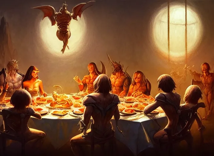 Prompt: a giant magical piece of toast at the head of the dinner table, all the dinner guests looking toward the toast, by marco bucci and frank frazetta, magic : the gathering fantasy concept art, high resolution, fantasy coloring, intricate, digital painting, artstation, smooth, sharp focus