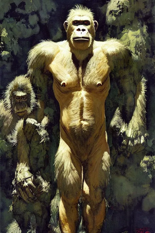 Image similar to full body portrait of huge slimy hairless bipedal gorilla, by norman rockwell, jack kirby, jon berkey, earle bergey, craig mullins, ruan jia, jeremy mann, tom lovell, marvel, astounding stories, 5 0 s pulp illustration, scifi, fantasy, artstation creature concept