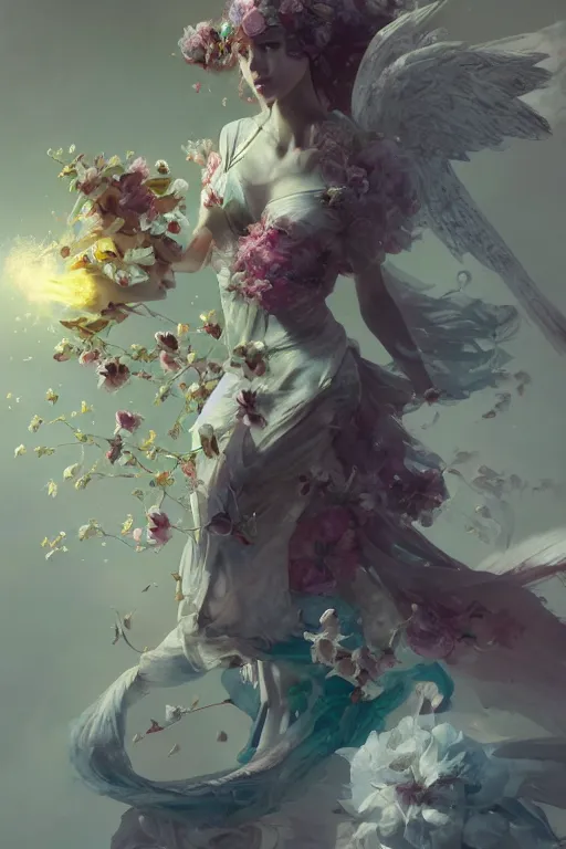 Image similar to beautiful girl necromancer exploding into flowers, angels, 3 d render, hyper - realistic detailed portrait, holding electricity and birds, ruan jia, wlop. scifi, fantasy, hyper detailed, octane render, concept art, peter mohrbacher