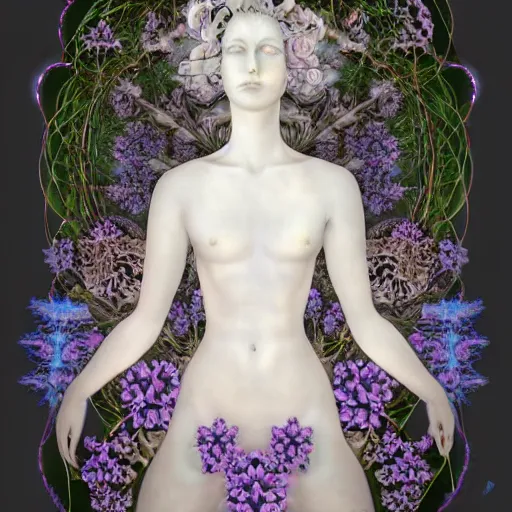 Image similar to an idealistic marble statue with fractal flowery hair in a fractal garden, glowing delicate flower and mushrooms that grow in a dark fatansy forest on the planet pandora,, symmetrical,