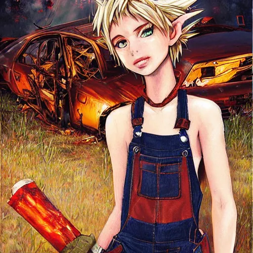 Image similar to a skinny fantasy elf with spiky blonde hair wearing dark brown overalls and holding a firecracker standing next to a destroyed car, painting by artgerm