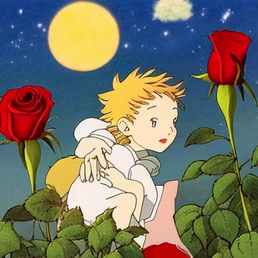 Image similar to the little prince kisses the rose, painted by studio ghibli