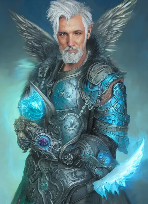 Prompt: An epic fantastic realism comic book style portrait painting of an aasimar hexblade warlock, male, grand angel wings, teal energy, silver hair, short beard, embers flickering, D&D Concept Art, unreal 5, DAZ, hyperrealistic, octane render, cosplay, RPG portrait, dynamic lighting