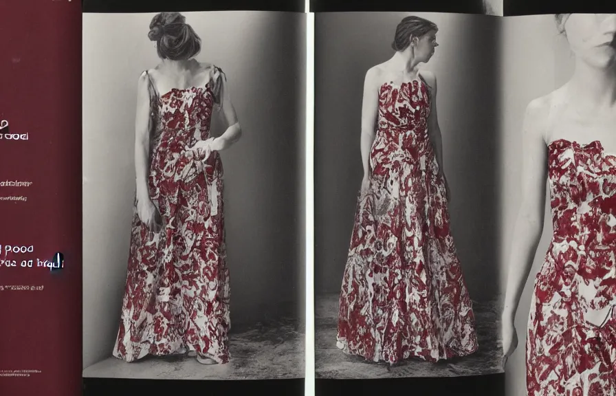 Prompt: dress out of blood, catalogue photograph