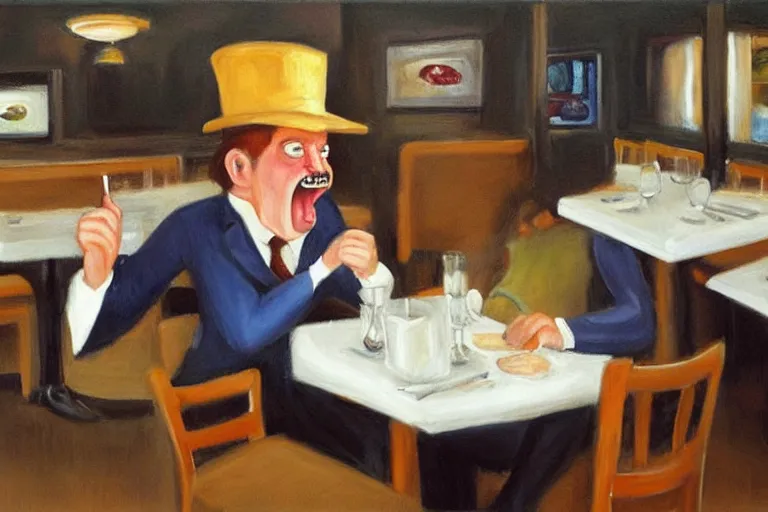 Image similar to a grumpy busser in a restaurant yells at the owner, art by dean macadam