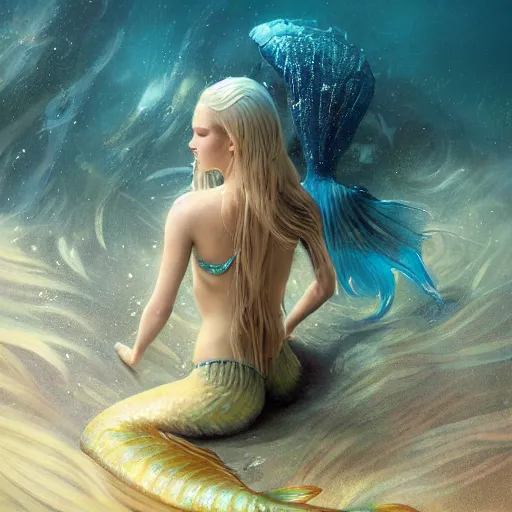 Prompt: High detail painting of a mermaid in a clam underwater fantasy world, full body, long blonde hair, blue eyes, fish tail, digital art, highly detailed, Greg Rutkowski, Chris Moore