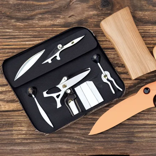 Prompt: typical 0 0 7 torture kit with blades, plyers, dental knives, razors, kit