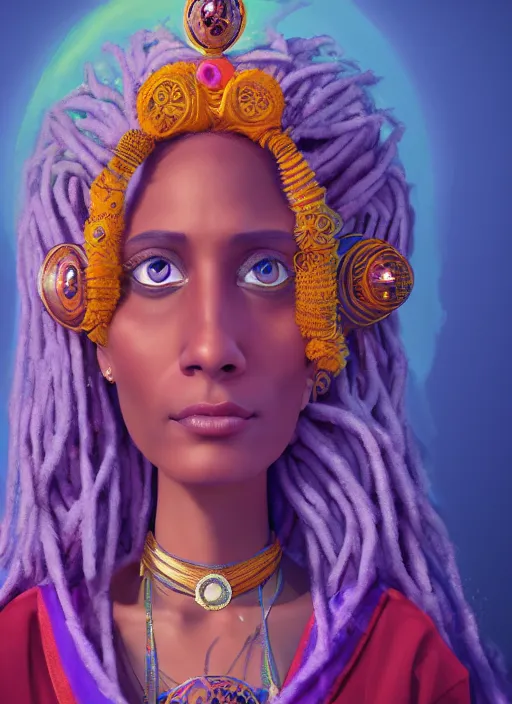 Image similar to an anthropomorphic beautiful smiling goddess female wizard portrait playing poi wearing colourful robe, dreadlock breed hair, fine art, award winning, intricate, elegant, sharp focus, octane render, hyperrealistic, cinematic lighting, highly detailed, digital painting, 8 k concept art, art by jamie hewlett masterpiece, trending on artstation, 8 k