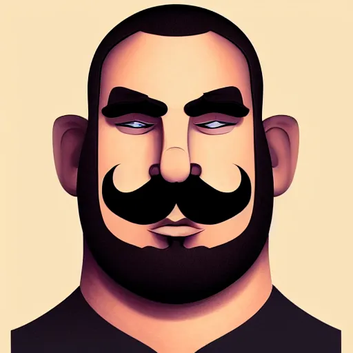 Image similar to face portrait a big beefy man with a large face, thick dark hair, a bushy black moustache, no beard, with hardly any neck and mean little eyes, highly detailed, digital art, sharp focus, trending on art station, drawing