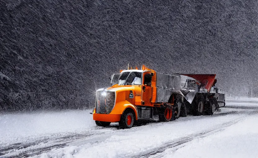 Prompt: A Snowplow with headlines on driving through a snowy landscape with thick snow, blizzard!!, heavy snow falling, digital artwork, high resolution, high detail