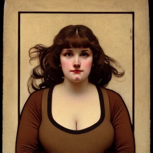 Image similar to A portrait of a plump woman, a cute art neuveau woman with brown hair in a Bob, no bangs, brown eyes, full face, olive skin, romanian heritage, medium shot, mid-shot, hyperdetailed, 8k, by mucha