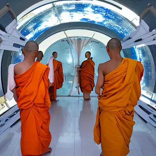 Prompt: Thai Buddhist monks in a sci fi space habitat ringworld.