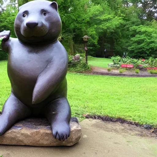 Prompt: A statue of a fat otter explorer wearing a backpack, displayed in a public park