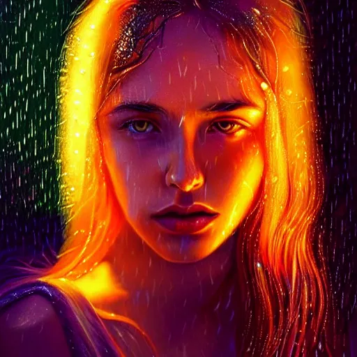 Image similar to bright asthetic portrait LSD glowing backlit rain on face and wet hair in strands, overhead lighting, fantasy, intricate, elegant, dramatic lighting, highly detailed, lifelike, photorealistic, digital painting, artstation, illustration, concept art, smooth, sharp focus, art by John Collier and Albert Aublet and Krenz Cushart and Artem Demura and Alphonse Mucha