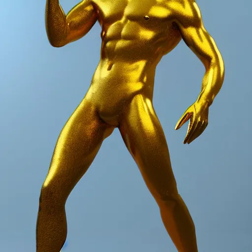 Prompt: a full figure man made with rainbow and gold shiny fluid coated in glass:: zbrush, realistic, octane render, exquisite detail, 8K