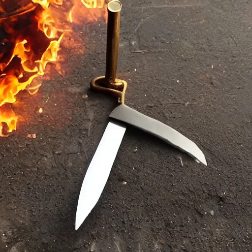 Prompt: metal sculpture of a knife in hell