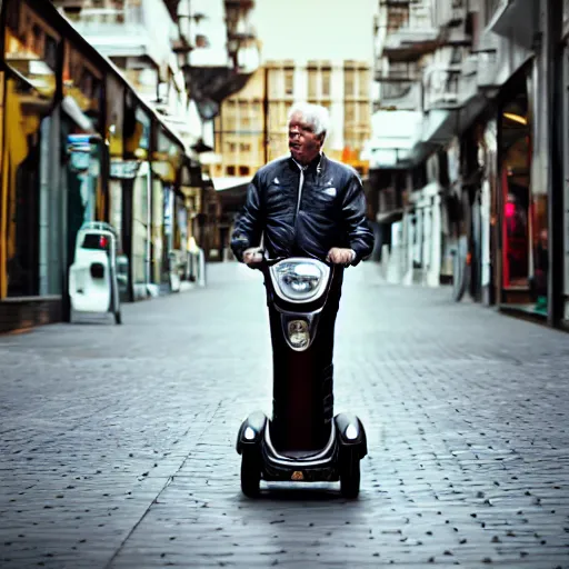 Image similar to an old mod riding a mobility scooter with lots of mirrors realistic cinematic 3 5 mm