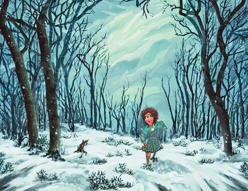 Image similar to wild, lush chia pet frolicking in snowy woods, stormy skies. russian fairytale art, gouache, dynamic composition, backlighting