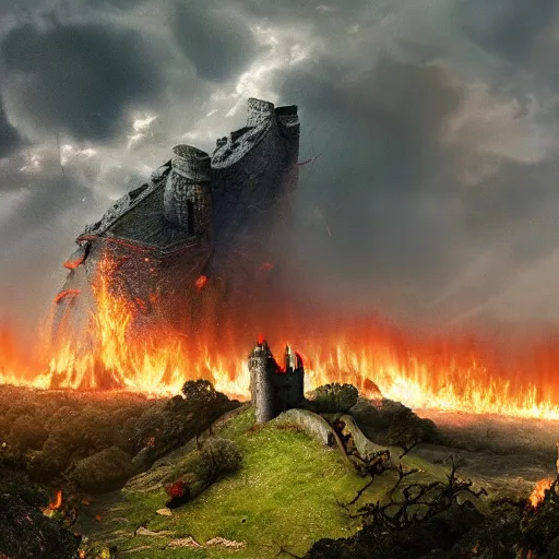 Image similar to a knight going to jump to get on dragons back as fire inflames the ground beneath him, with castle in distance, stormy, raining, 4 k, hd, realistic