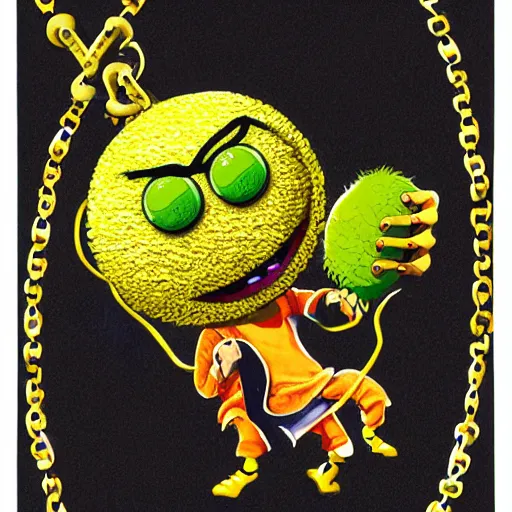 Prompt: a tennis ball monster , hip hop style, multiple gold chain necklace, digital art, fantasy, magic, trending on artstation, ultra detailed, professional illustration by Basil Gogos