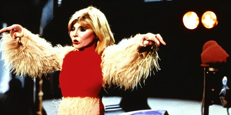 Image similar to Photorealistic Cinematography of Debbie Harry hosting The Muppet show in 1981