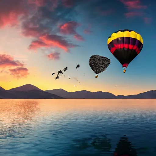 Image similar to photo of two black swans touching heads in a beautiful reflective mountain lake, a colorful hot air balloon is flying above the swans, hot air balloon, intricate, 8k highly professionally detailed, HDR, CGsociety