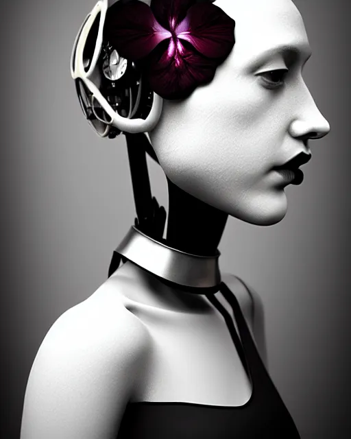 Image similar to black and white dreamy foggy poetic smoky profile face portrait, one silver steampunk realistic eye biomechanical beautiful angelic young female cyclope - cyborg - robot bust, body ribs meshes,, volumetric light, hibiscus flowers, by cecile beaton, rim light, big gothic fashion pearl embroidered collar, 8 k