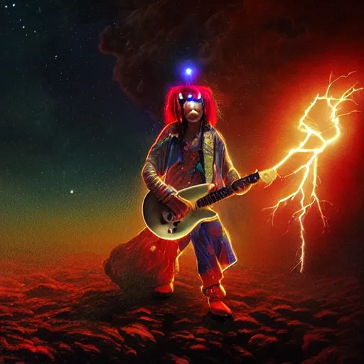 Prompt: UHD closeup of a Photorealistic cosmic clown playing sparking electric guitar in a lightning storm on Mars, with a cool pose, by Antonio Caparo and Ferdinand Knab and Greg Rutkowski, UHD, photorealistic, trending on artstation, trending on deviantart