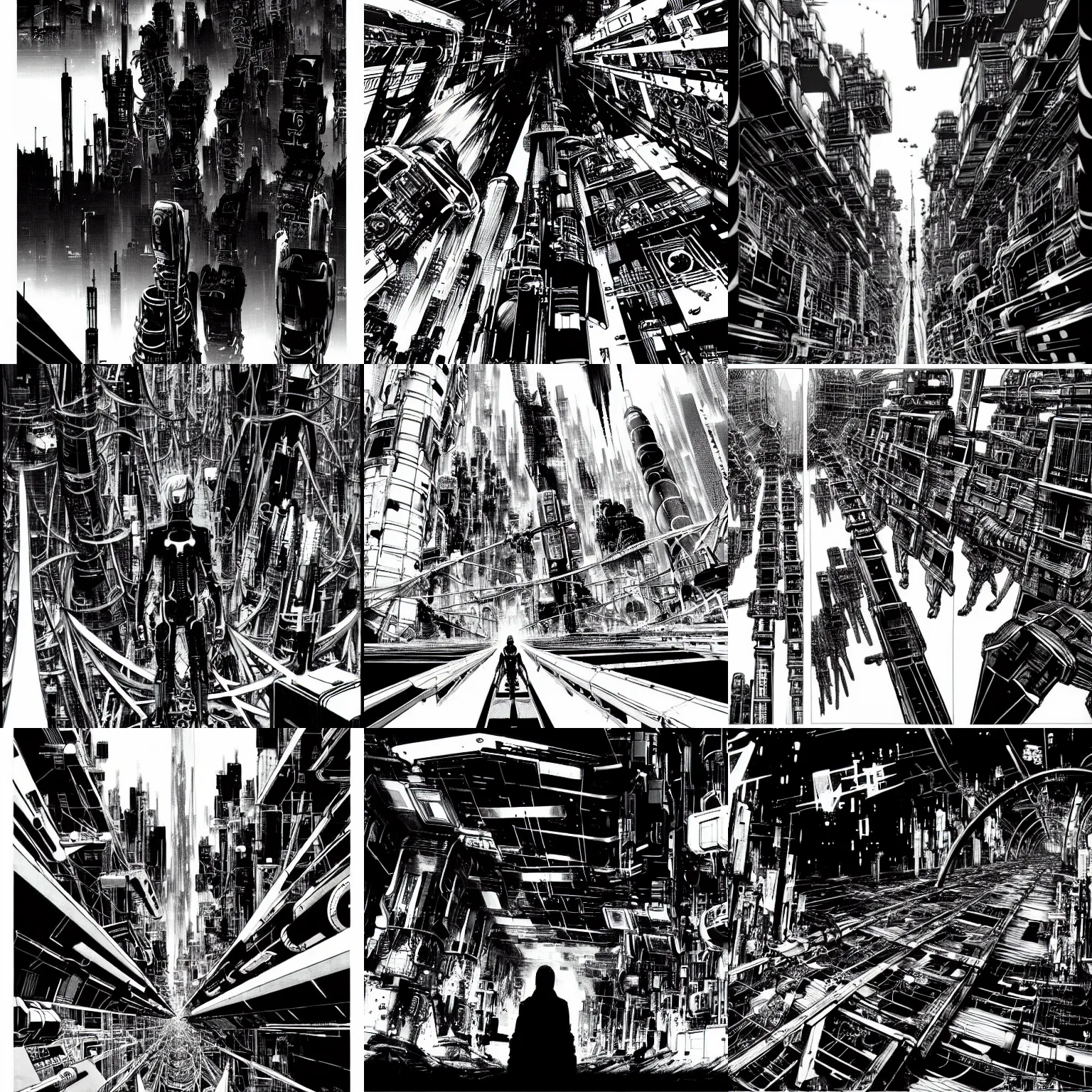 Prompt: dimantled disassembled cyborgs on bridges and pipes, huge cybernetic mega city in space, black and white, by nihei tsutomu