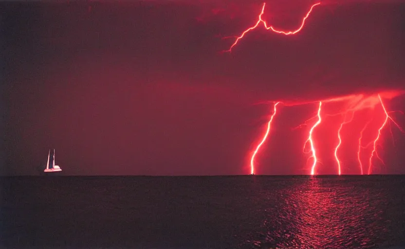 Image similar to small yacht caught in a storm, red lightnings, windwhirl, night, 1995 photo