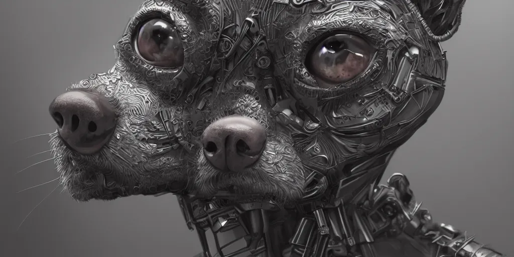 Prompt: ultra realistic illustration, beautiful statue of a chihuahua cyborg, close up shot, cyberpunk, sci-fi, fantasy, intricate, elegant, highly detailed, digital painting, artstation, concept art, smooth, sharp focus, illustration, surrealism