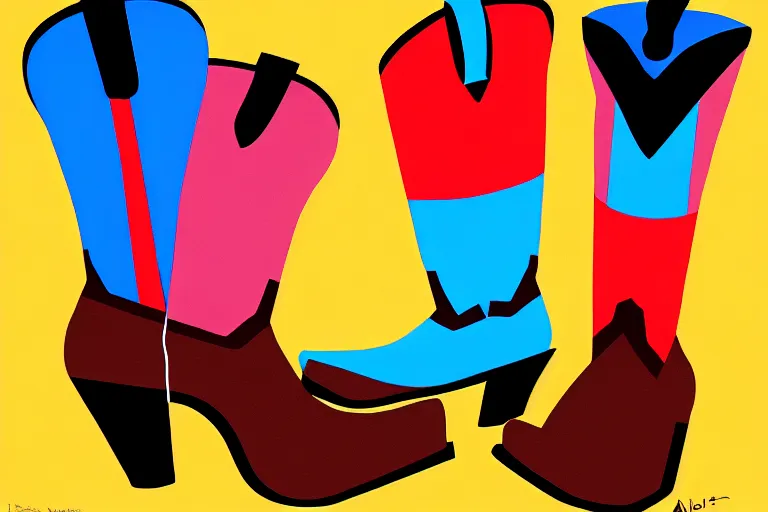 Image similar to a painting of a cowgirl in western clothing and cowboy boots, in the style of alvar aalto, digital art, bauhaus style